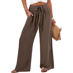 imageCaracilia Women Wide Leg Palazzo Pants Summer High Waist Flowy Casual Trousers Loose Lounge Beach Travel Vacation ClothesBrown