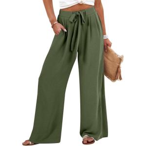 imageCaracilia Women Wide Leg Palazzo Pants Summer High Waist Flowy Casual Trousers Loose Lounge Beach Travel Vacation ClothesDark Green