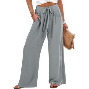 imageCaracilia Women Wide Leg Palazzo Pants Summer High Waist Flowy Casual Trousers Loose Lounge Beach Travel Vacation ClothesGrey