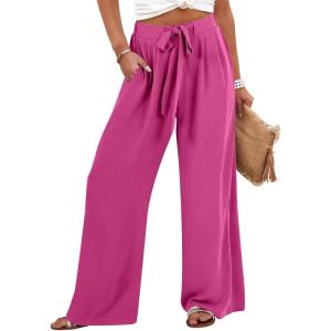 imageCaracilia Women Wide Leg Palazzo Pants Summer High Waist Flowy Casual Trousers Loose Lounge Beach Travel Vacation ClothesHot Pink