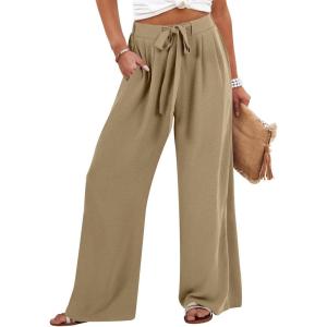 imageCaracilia Women Wide Leg Palazzo Pants Summer High Waist Flowy Casual Trousers Loose Lounge Beach Travel Vacation ClothesKhaki