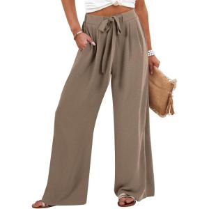 imageCaracilia Women Wide Leg Palazzo Pants Summer High Waist Flowy Casual Trousers Loose Lounge Beach Travel Vacation ClothesLight Brown