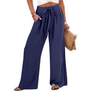 imageCaracilia Women Wide Leg Palazzo Pants Summer High Waist Flowy Casual Trousers Loose Lounge Beach Travel Vacation ClothesNavy Blue