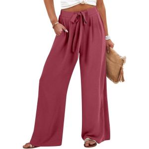 imageCaracilia Women Wide Leg Palazzo Pants Summer High Waist Flowy Casual Trousers Loose Lounge Beach Travel Vacation ClothesRust Red