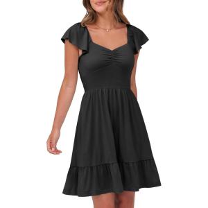 imageCaracilia Womens Summer Casual Ruffle Sleeve Mini Dress Sweetheart Neckline Boho Flowy Tiered Vacation Beach Short DressesBlack