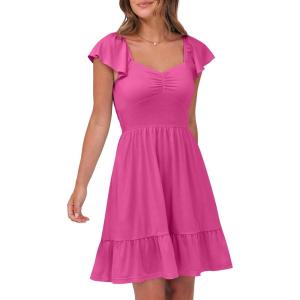 imageCaracilia Womens Summer Casual Ruffle Sleeve Mini Dress Sweetheart Neckline Boho Flowy Tiered Vacation Beach Short DressesHot Pink