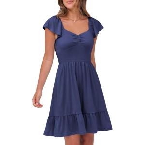 imageCaracilia Womens Summer Casual Ruffle Sleeve Mini Dress Sweetheart Neckline Boho Flowy Tiered Vacation Beach Short DressesNavy Blue