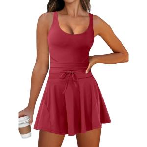 imageCaracilia Womens Tennis Mini Dresses Workout Built in Shorts Golf Athletic Sleeveless One Piece Summer Active Romper DressRed