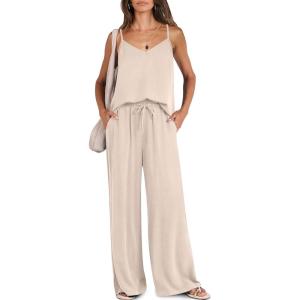 imageCaracilia 2 Piece Lounge Sets for Women Summer Casual Matching Wide Leg Pants Beach Travel Vacation 2025 Trendy OutfitsApricot