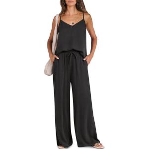 imageCaracilia 2 Piece Lounge Sets for Women Summer Casual Matching Wide Leg Pants Beach Travel Vacation 2025 Trendy OutfitsBlack
