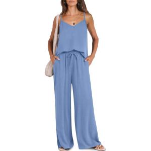 imageCaracilia 2 Piece Lounge Sets for Women Summer Casual Matching Wide Leg Pants Beach Travel Vacation 2025 Trendy OutfitsBlue