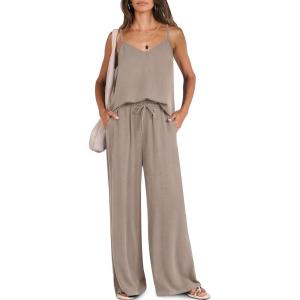 imageCaracilia 2 Piece Lounge Sets for Women Summer Casual Matching Wide Leg Pants Beach Travel Vacation 2025 Trendy OutfitsBrown