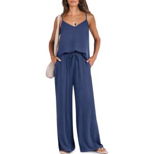 imageCaracilia 2 Piece Lounge Sets for Women Summer Casual Matching Wide Leg Pants Beach Travel Vacation 2025 Trendy OutfitsDeep Blue