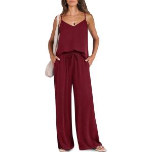 imageCaracilia 2 Piece Lounge Sets for Women Summer Casual Matching Wide Leg Pants Beach Travel Vacation 2025 Trendy OutfitsDeep Red