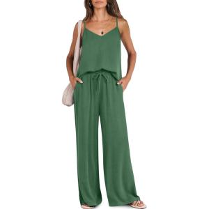 imageCaracilia 2 Piece Lounge Sets for Women Summer Casual Matching Wide Leg Pants Beach Travel Vacation 2025 Trendy OutfitsGrass Green