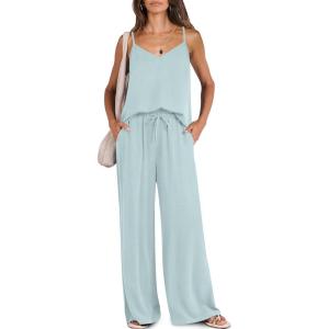 imageCaracilia 2 Piece Lounge Sets for Women Summer Casual Matching Wide Leg Pants Beach Travel Vacation 2025 Trendy OutfitsMint Green