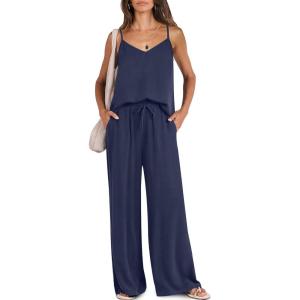imageCaracilia 2 Piece Lounge Sets for Women Summer Casual Matching Wide Leg Pants Beach Travel Vacation 2025 Trendy OutfitsNavy Blue