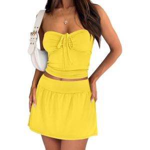 imageCaracilia Women 2 Piece Mini Skirt Sets Corset Crop Top Summer Y2k Going Out Outfits Beach VacationYellow