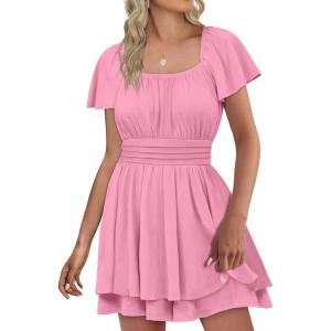 imageCaracilia Women Cute Summer Romper Dress Flowy Short Sleeve Square Neck Elastic Waist 2025 Casual Fashion OutfitsLight Pink