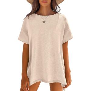 imageCaracilia Women Summer Lightweight Sweater Top Oversized Short Sleeve Drop Shoulder Seams Outside Casual TShirts Trendy 2025Beige