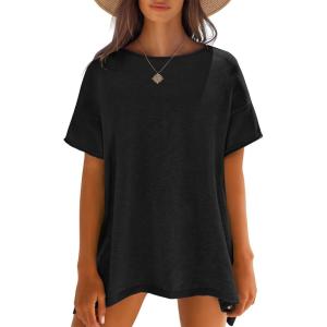 imageCaracilia Women Summer Lightweight Sweater Top Oversized Short Sleeve Drop Shoulder Seams Outside Casual TShirts Trendy 2025Black