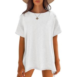 imageCaracilia Women Summer Lightweight Sweater Top Oversized Short Sleeve Drop Shoulder Seams Outside Casual TShirts Trendy 2025Cream White