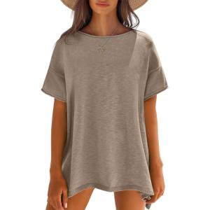 imageCaracilia Women Summer Lightweight Sweater Top Oversized Short Sleeve Drop Shoulder Seams Outside Casual TShirts Trendy 2025Khaki