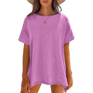 imageCaracilia Women Summer Lightweight Sweater Top Oversized Short Sleeve Drop Shoulder Seams Outside Casual TShirts Trendy 2025Light Purple
