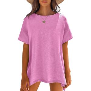 imageCaracilia Women Summer Lightweight Sweater Top Oversized Short Sleeve Drop Shoulder Seams Outside Casual TShirts Trendy 2025Pink