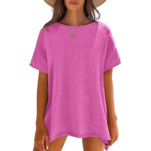 imageCaracilia Women Summer Lightweight Sweater Top Oversized Short Sleeve Drop Shoulder Seams Outside Casual TShirts Trendy 2025Rose Red