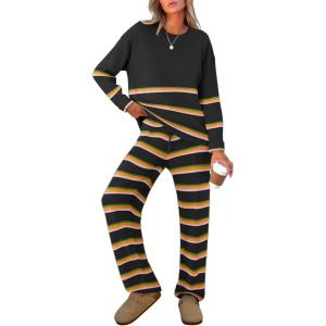 imageCaracilia Womens 2 Piece Outfits Sweater Sets Striped Oversized Sweaters Knit Wide Leg Pant Lounge Set 2025 Fall OutfitsBlack Striped Combo