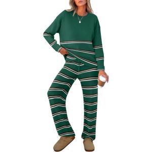 imageCaracilia Womens 2 Piece Outfits Sweater Sets Striped Oversized Sweaters Knit Wide Leg Pant Lounge Set 2025 Fall OutfitsGreen Striped Combo