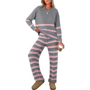imageCaracilia Womens 2 Piece Outfits Sweater Sets Striped Oversized Sweaters Knit Wide Leg Pant Lounge Set 2025 Fall OutfitsGrey Striped Combo