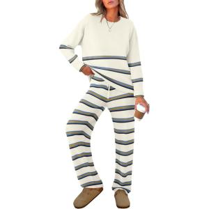 imageCaracilia Womens 2 Piece Outfits Sweater Sets Striped Oversized Sweaters Knit Wide Leg Pant Lounge Set 2025 Fall OutfitsKhaki Striped Combo