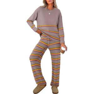 imageCaracilia Womens 2 Piece Outfits Sweater Sets Striped Oversized Sweaters Knit Wide Leg Pant Lounge Set 2025 Fall OutfitsNutmeg Striped Combo