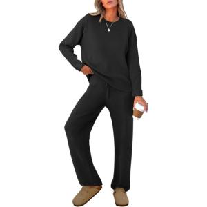 imageCaracilia Womens 2 Piece Outfits Sweater Sets Striped Oversized Sweaters Knit Wide Leg Pant Lounge Set 2025 Fall OutfitsSolid Black