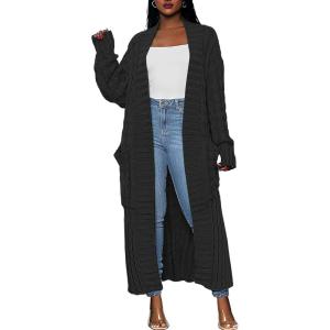 imageCaracilia Womens Long Cardigan Sweaters 2025 Fall Open Front Coat Long Sleeve Cable Knit Maxi Outerwear Trendy Jacket ClothesBlack