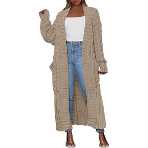 imageCaracilia Womens Long Cardigan Sweaters 2025 Fall Open Front Coat Long Sleeve Cable Knit Maxi Outerwear Trendy Jacket ClothesCamel