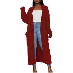 imageCaracilia Womens Long Cardigan Sweaters 2025 Fall Open Front Coat Long Sleeve Cable Knit Maxi Outerwear Trendy Jacket ClothesDark Red