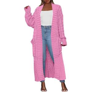 imageCaracilia Womens Long Cardigan Sweaters 2025 Fall Open Front Coat Long Sleeve Cable Knit Maxi Outerwear Trendy Jacket ClothesPink