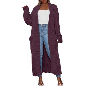 imageCaracilia Womens Long Cardigan Sweaters 2025 Fall Open Front Coat Long Sleeve Cable Knit Maxi Outerwear Trendy Jacket ClothesRed