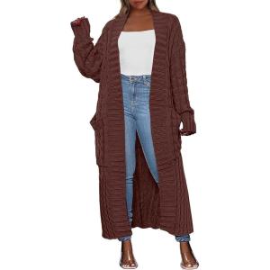 imageCaracilia Womens Long Cardigan Sweaters 2025 Fall Open Front Coat Long Sleeve Cable Knit Maxi Outerwear Trendy Jacket ClothesRed Brown