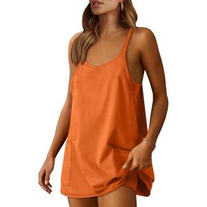imageCaracilia Womens Summer Mini Dress 2025 Casual Sleeveless Built in Shapewear Sundress Trendy Short Tennis Athletic OutfitsTangerine Orange