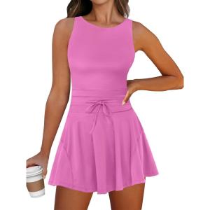 imageCaracilia Womens Tennis Mini Dresses 2025 Summer Sleeveless Built in Shorts Golf Athletic One Piece Active Romper DressHot Pink