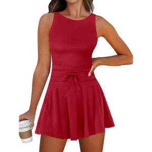 imageCaracilia Womens Tennis Mini Dresses 2025 Summer Sleeveless Built in Shorts Golf Athletic One Piece Active Romper DressRed