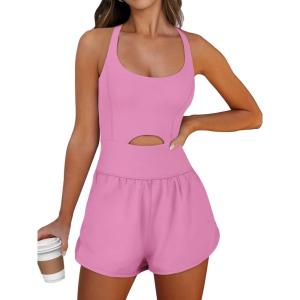 imageCaracilia Womens Workout Athletic Romper Summer Sets Short Jumpsuits Onesie Running Outfits Exercise Gym 2025 Trendy ClothesPink