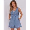 imageCaracilia Women Oversized Denim Romper Summer Casual V Neck Tie Front Sleeveless Jean Jumpsuits Short Overalls with PocketsWashed Blue