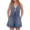 imageCaracilia Women Oversized Denim Romper Summer Casual V Neck Tie Front Sleeveless Jean Jumpsuits Short Overalls with PocketsWashed Navy Blue