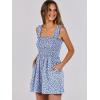 imageCaracilia Womens Summer Casual Smocked Rompers Square Neck Sleeveless Loose Shorts Jumpsuit 2025 Beach Vacation OutfitsFloral Print Blue