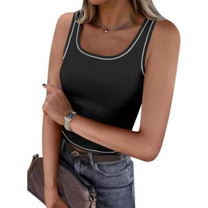 imageCaracilia Tank Top for Women Summer Square Neck Sleeveless Ribbed Fitted Crop Tops 2025 Basic Workout OutfitsBlack